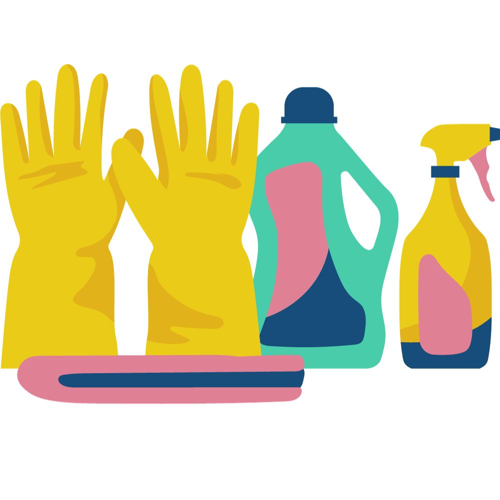 rękawice, środki czyszczące - grafika przedstawiające parę rękawic oraz 2 środki czyszczące