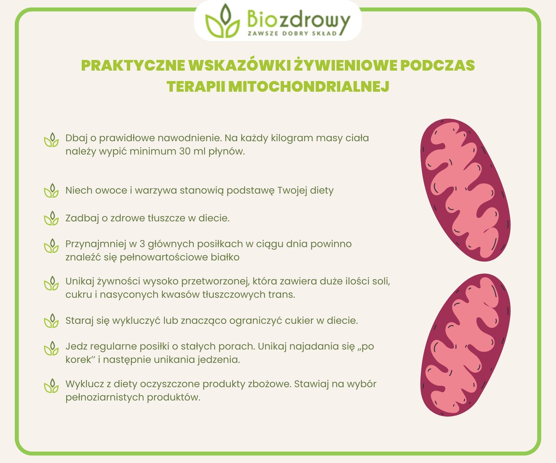 infografika praktyczne wskazówki żywieniowe podczas terapii mitochondrialnej
