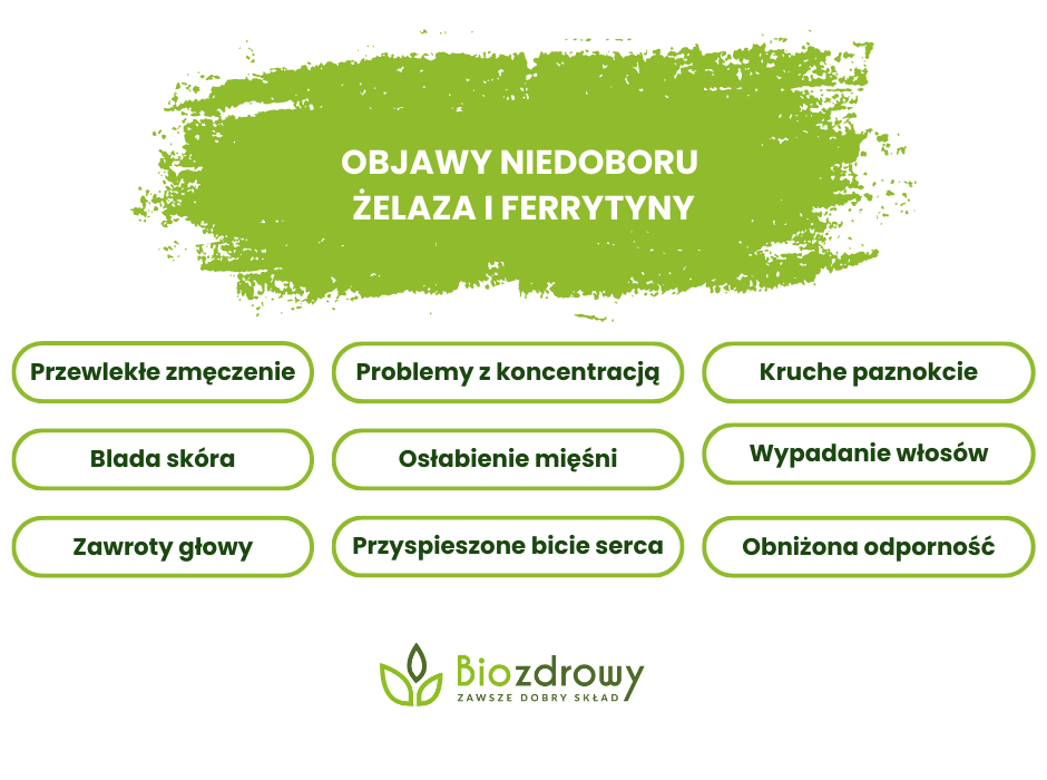 Objawy niedoboru żelaza i ferrytyny - infografika