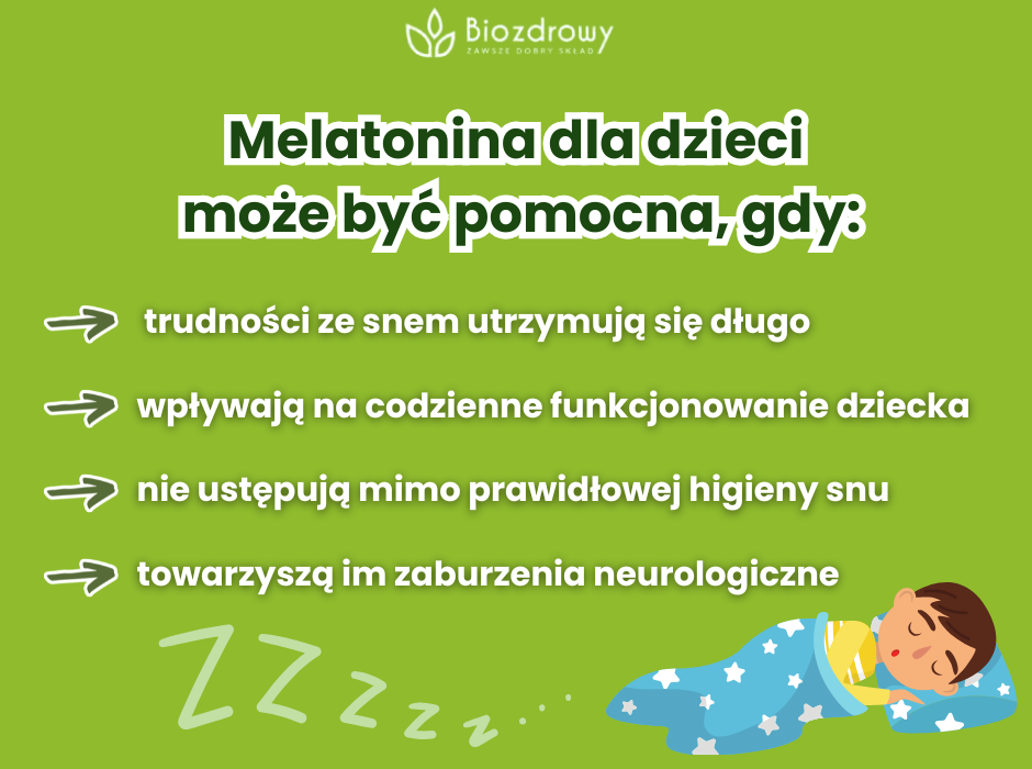 Melatonina dla dzieci, kiedy stosować - infografika