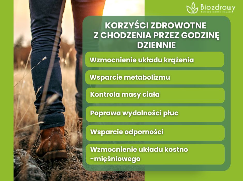 Korzyści zdrowotne z chodzenia przez godzinę dziennie - infografika